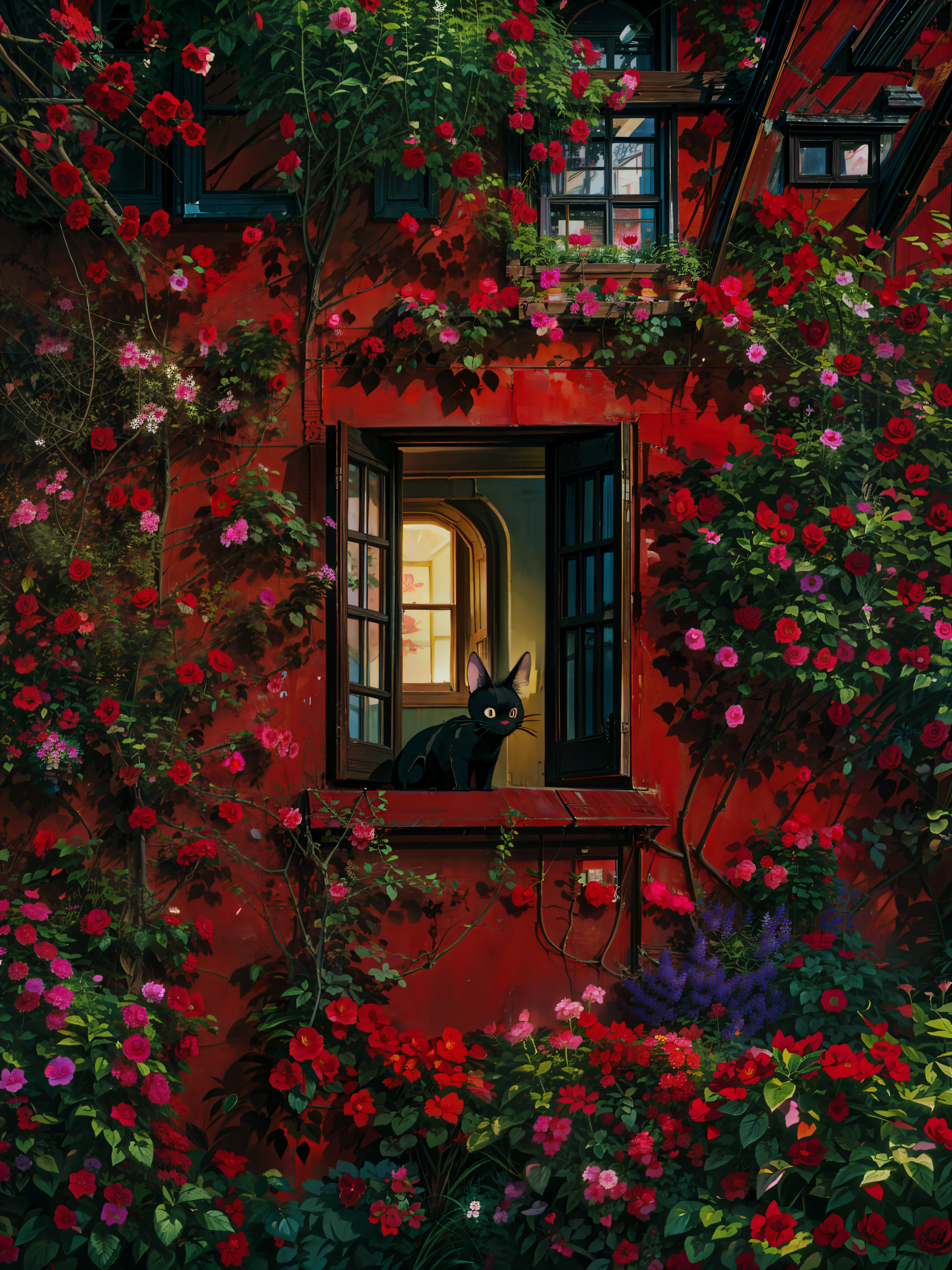 a cat sitting in a window surrounded by red flowers, red wallpaper background, red wallpaper design, photo of a beautiful window, red wall, black and red background, roses background, the window, deep red background, open window ib background, open window at night, in a red dream world, by Igor Zenin, window with flower box, cozy wallpaper,  4k hd,, beautiful art uhd 4 k, a beautiful artwork illustration, beautiful digital painting, highly detailed digital painting, beautiful digital artwork, detailed painting 4 k, very detailed digital painting, rich picturesque colors, gorgeous digital painting