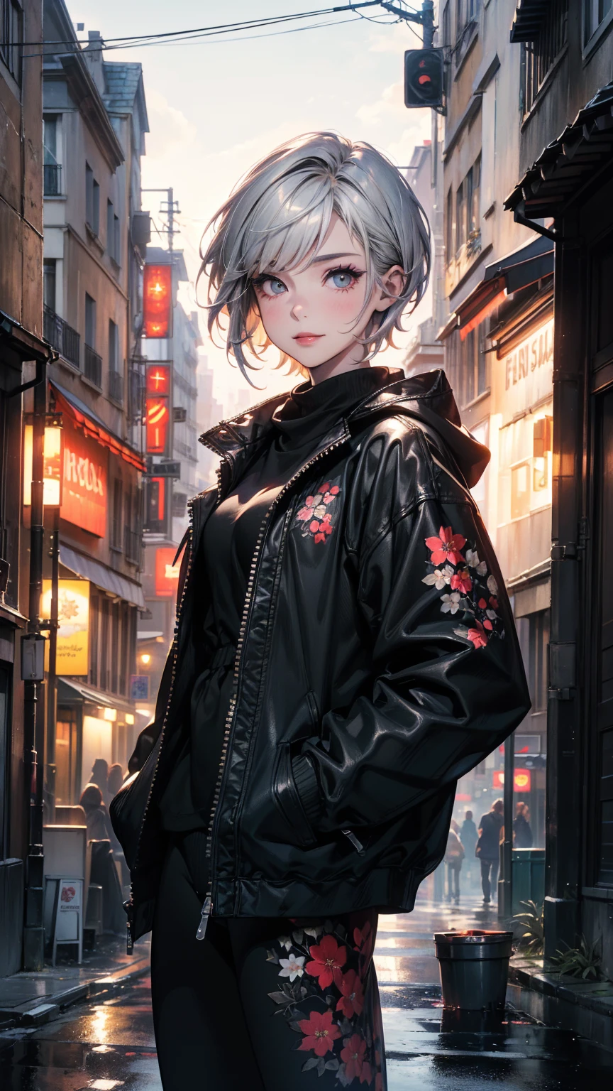 (Highly detailed CG unit 8k wallpaper, masterpiece, High resolution, highest quality, natural skin texture), Composition from head to stomach:1.5, (20 year old woman, Hands in pockets pose:1.5, smile, detailed eyes, gradient eyes), (grunge fashion, Coordination of a blouson and a long parka, leggings, Asymmetrical punk short hair:1.2, ash gray hair), (Backstreets of Paris:1.3, Colourful flower beds along the road, cinematic lighting), high contrast, hyper realistic, digital painting, concept art,