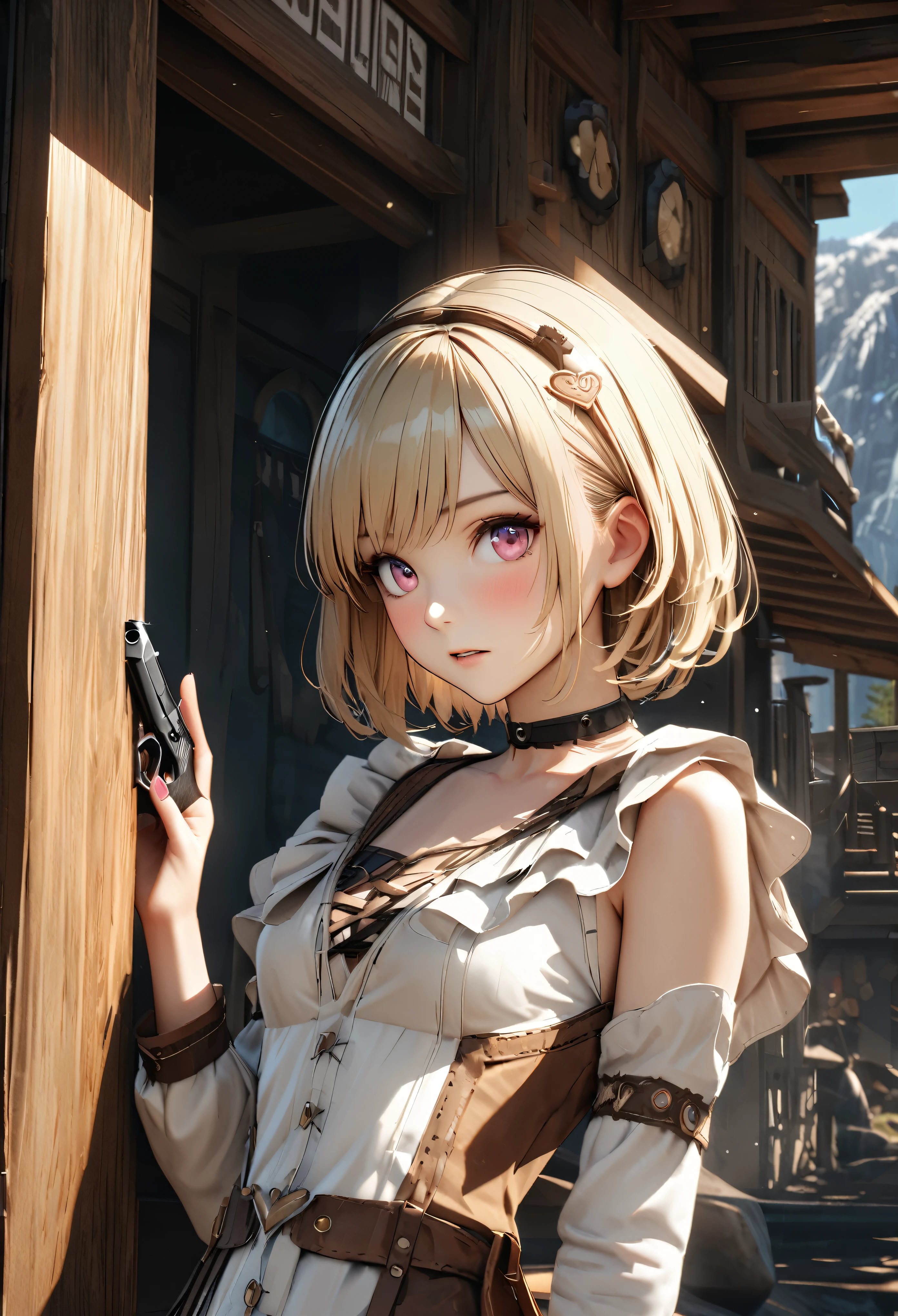 masterpiece,highest quality, Super detailed, High resolution, expensive resolution, HDR, 4k, 8K, unity 8k wallpaper, Super detailed CG, masterpiece, realistic, 2D, 3D, beautiful details, depth, fine texture , super fine: 1.3, Fully focused, Crispy.skin, .he,
Very cute anime girl 、Desolate wilderness、cowboy style costume、cowboy hat、cowboy boots、hand gun、mexican wilderness、duel、Standing with a hand gun、blonde short hair wearing expensive , one girl、alone, blonde short hair, cowboy style、cowboy hat、hand gun、duel、cowboy bootole under the eye, looking at the viewer , expensive , blush, mole, parted lips, hair ornaments, heart, pink eyes, choker