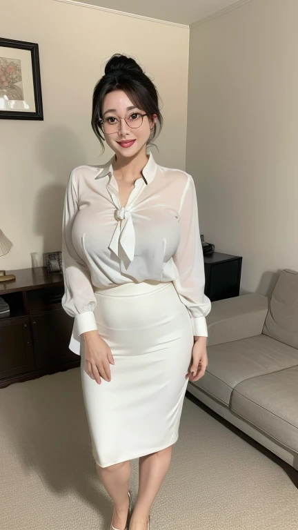 ((photograph))、((real photo))、mature adult woman、High resolution、((highest quality,8k,masterpiece))、((Full body shot 0.85)) facial portrait, happy smile、 ((pale lipstick)), sensual, ((Very big breasts 2.3))Medium Hair, black hair, tied her hair in a bun, formal wear, ((white blouse)), gray tight skirt, Glasses,(Chubby woman 1.6),living room at home、