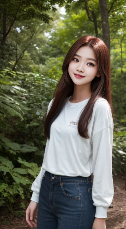 In 8k resolution, the image is captured of a 20-year-old Asian woman with delicate facial features, cute but detailed makeup, and long, smooth dark red hair. She wears modern clothes and luxurious accessories, standing in the middle of a natural environment, exuding confidence and joy. The light shines on the girl's face, creating strong color contrast and high definition, adding elegance and charm. Sunlight cast shadows on the girl's shirt. Professional cameras captured her image with a dynamic, mysterious style, expressing her artistry and creating trends. The photo focuses on the girl's detailed half-body figure, creating a dazzling smile. The photo blurs the background to highlight the girl's full body shape.