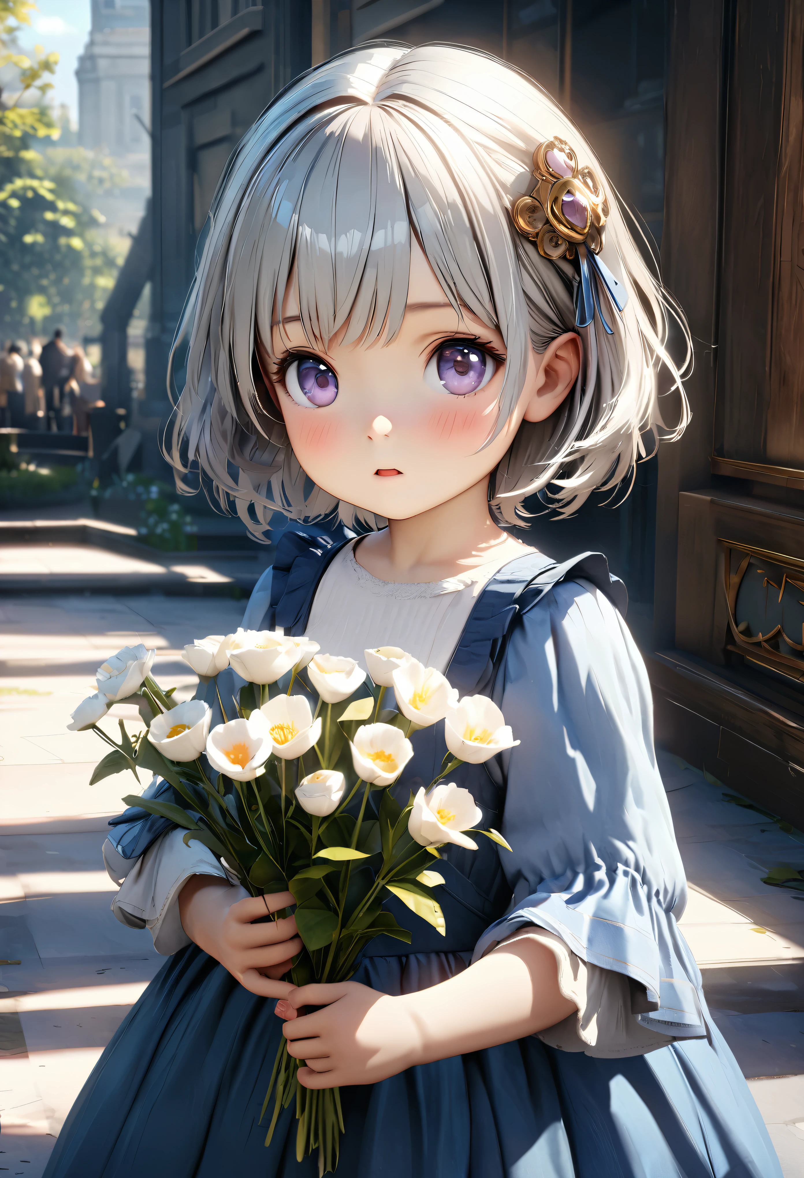 Masterpiece, Best Quality, Super Detailed, High Definition, Expensive Resolution, HDR, 4k, 8K, Unity 8k Wallpaper, Super Detailed CG, Masterpiece, Realistic, 2D, 3D, Beautiful Details, Depth, Fine Texture, Super Fine: 1.3, Fully Focused, Crispy.skin, .he, Very Cute Anime Girl About 3 , Expensive Silver Short Hair, One Girl About 3 Years OldPretty Blue Dress, Holding Flowers , looking at camera, expensive, blush, mole, parted lips, hair ornament, heart, purple eyes