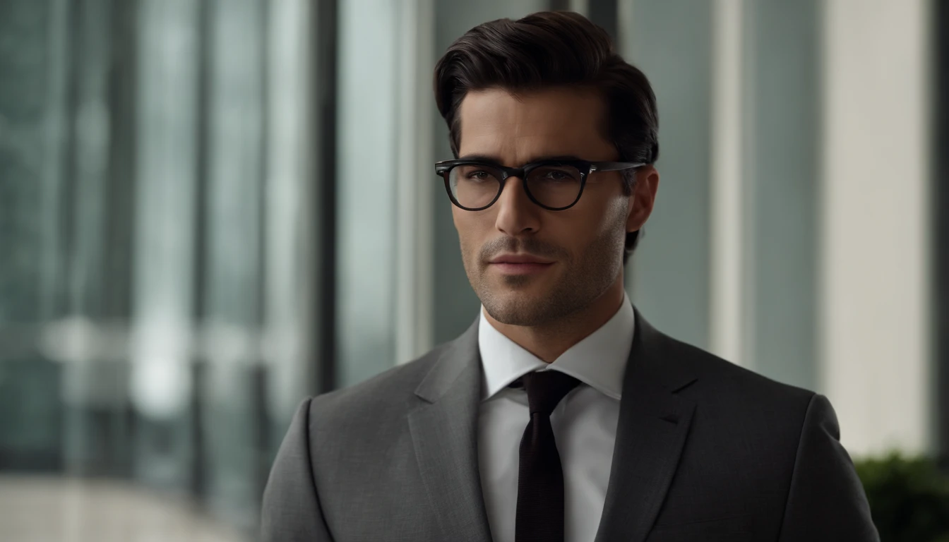 full-length man in suit and tie, suit and glasses, masculine face, firm chin line, dimpled chin, shaped jaw, wide cheekbones, black hair, Rafael Personnas, men in glasses, Ethan Klein, black hair, neat hairstyle, wide jaw, wide cheekbones, rectangular face, rounded chin, dimpled chin, brown eyes, deep-set eyes, wide nostrils, hooked nose, photorealistic face, realistically rendered face, very realistic face, accurately detailed face, very high quality face, one realistic face, 8k highly detailed face professional portrait close-up, business suit, Paolo Parente style, business suit, professional portrait in profile, business suit, portrait of man in suit, full-length, full-length man, full-length man, full-length, full-length photo, full-length portrait of man in suit full-length, free pose, dynamic pose, free background
