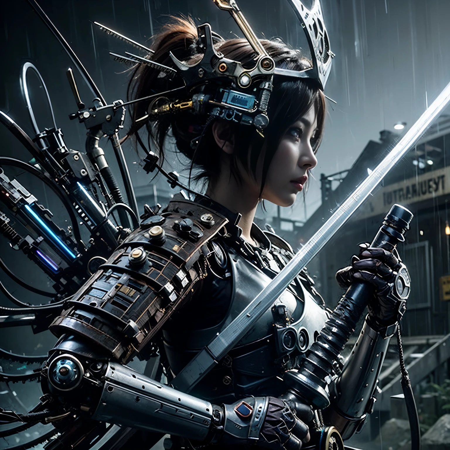(top-quality:1.2, masterpiece)、ultra high resolution、extremely ultra surrealism, (Photorealsitic:1.4)、Raw photo、(Steampunk Battle Cyborg fallen angel)、large wings made of metal、black porcelain body、red hair、glowy skin、1 Cyborg girl、(mechanical frame:1.3)japanese, extremely cute face, ((super realistic details))、portrait、globalillumination、Shadow、octan render、8K、ultrasharp、character edge light、Details of complex ornaments、Acrylic Clear Cover、Sumerian details、Hydraulic cylinder、Small LED lamp、highly intricate detail、Realistic light、a purple eye、radiant eyes、Facing the camera、neon details、cowboy shot、Futuristic headgear、About Cyberpunk