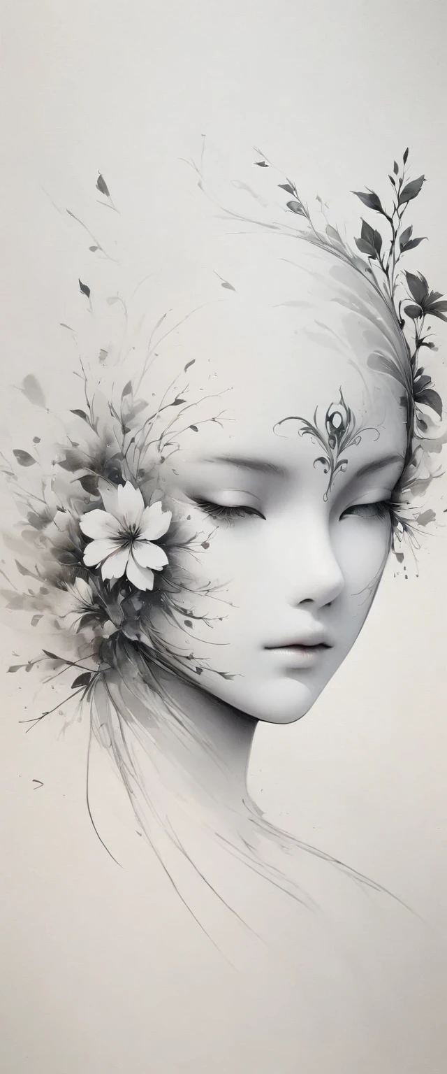 (Anime line drawing:1.5)，(black and white painting:1.45)，Minimalism，(line art:1.6)，sketch，Charcoal drawing，mask，flower,Illustration in surreal art style，surreal dream，Dubrec style,(multiple exposure：1.8),