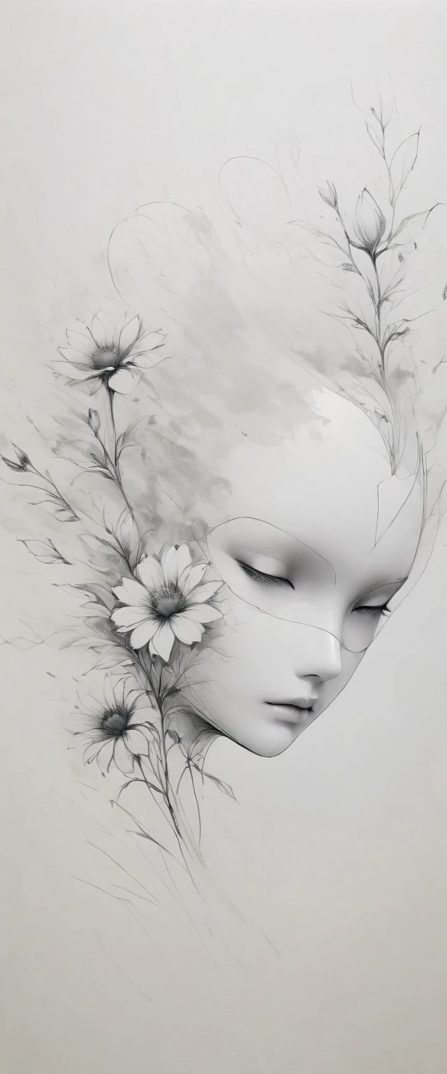 (Anime line drawing:1.5)，(black and white painting:1.45)，Minimalism，(line art:1.6)，sketch，Charcoal drawing，mask，flower,Illustration in surreal art style，surreal dream，Dubrec style,(multiple exposure：1.8),