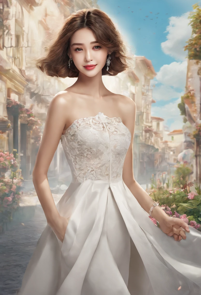Smile full of happiness、((Looks happy:1.3))、a beautiful slender girl、Panting face、Lacking、Sweating、Expression in a state of excitement、short-hair、eye glass、Photorealistic,High resolution,Soft light,1womanl,hips up high, Large breasts, Blue eyes, White Dress, Lace, small full dress of fabric,Lace clothing covering the collarbone