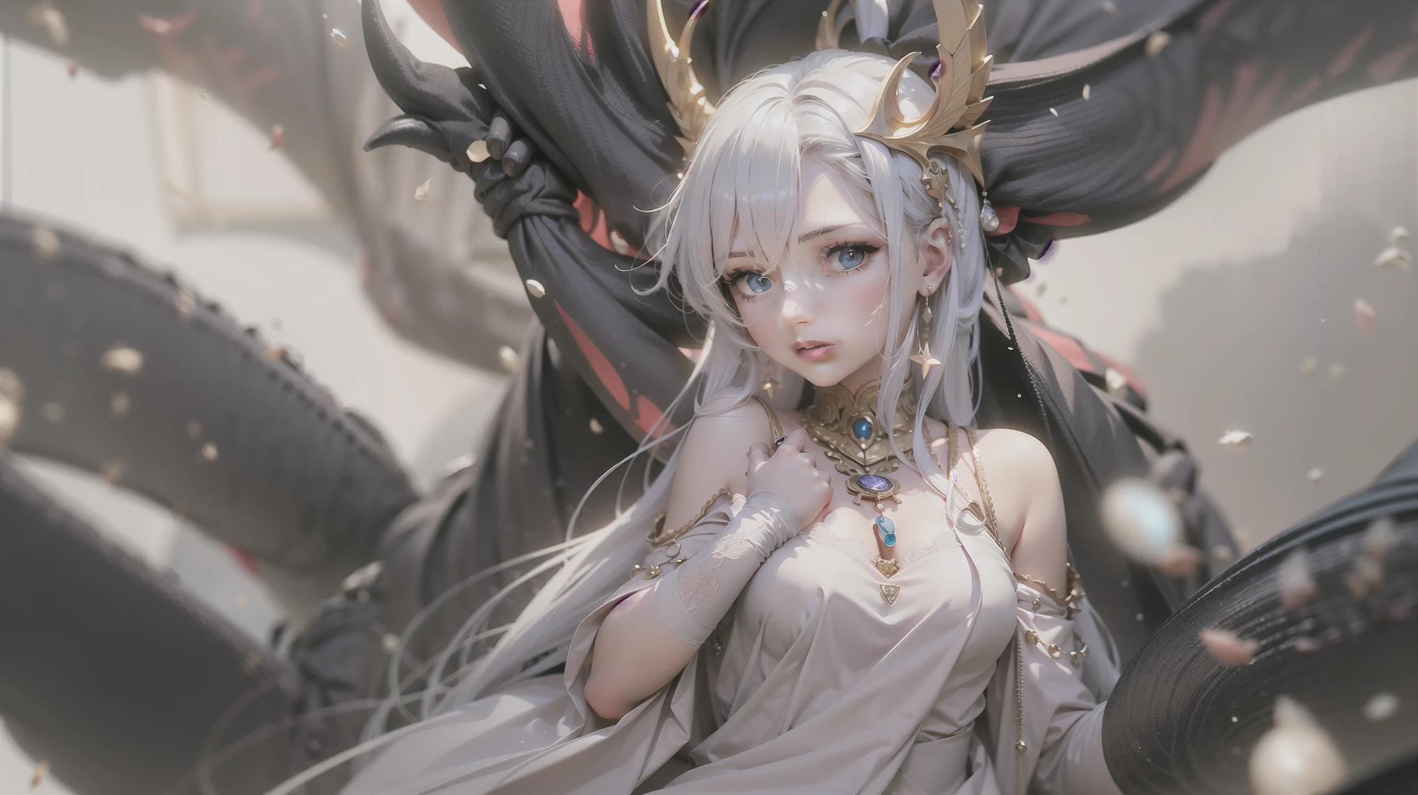 Superb Quality, Masterpiece, High Resolution, 1Girl sitting on a throne, [Red eyes, White hair], Blush, (Seductive Smile: 0.8), Star Pupil, Hair Accessories, Necklace, Jewelry, Beauty, on_body, Tyndall Effect, Realism, Black throne, , Light Edge, Two-tone Lighting, (High Detail Skin: 1.2), 8K UHD, DSLR, Soft Light, High Quality, Volume Lighting, Candid Photo, High Resolution, 4K, 8K, Background Bokeh, dragon companion