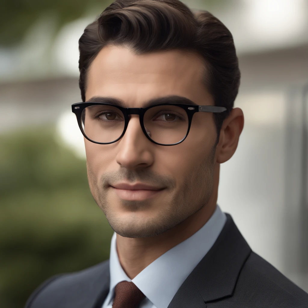 full-length man in suit and tie, suit and glasses, masculine face, firm chin line, dimpled chin, shaped jaw, wide cheekbones, black hair, Rafael Personnas, men in glasses, Ethan Klein, black hair, neat hairstyle, wide jaw, wide cheekbones, rectangular face, rounded chin, dimpled chin, brown eyes, deep-set eyes, wide nostrils, hooked nose, photorealistic face, realistically rendered face, very realistic face, accurately detailed face, very high quality face, one realistic face, 8k highly detailed face professional portrait close-up, business suit, Paolo Parente style, business suit, professional portrait in profile, business suit, portrait of man in suit, full-length, full-length man, full-length man, full-length, full-length photo, full-length portrait of man in suit full-length, free pose, dynamic pose, free background