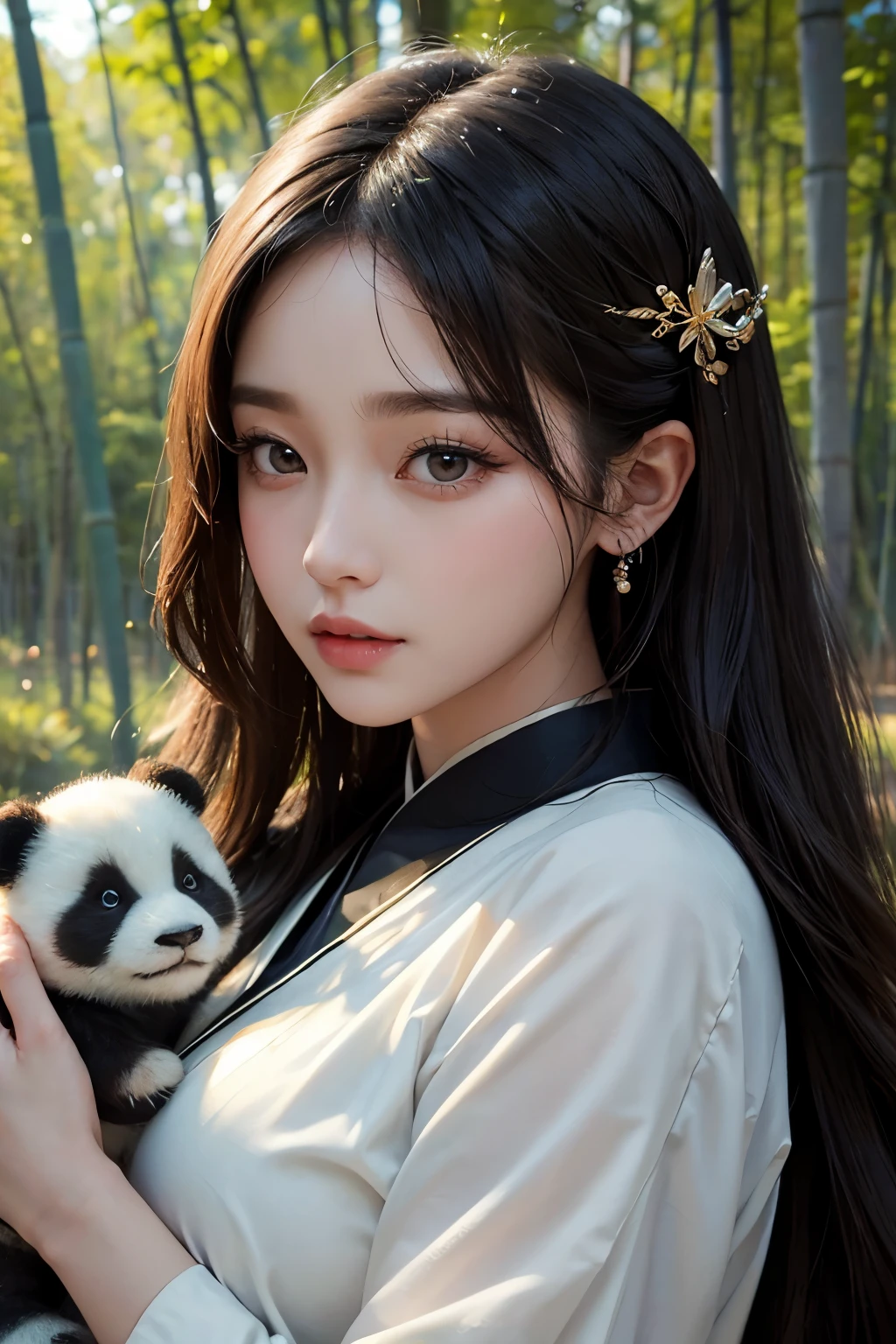 1 girl, Beautiful woman holding a cute fur doll, Exquisite eyes,beautiful and delicate lips,very detailed 눈과 얼굴,long eyelashes, The pic is with permed hair., enchanted scenery,(best quality,4K,8 thousand,high resolution,masterpiece:1.2),very detailed,(realistic,realistic,realistic:1.37), dynamic pose, panda doll, wearing trendy Korean clothes, bamboo forest,