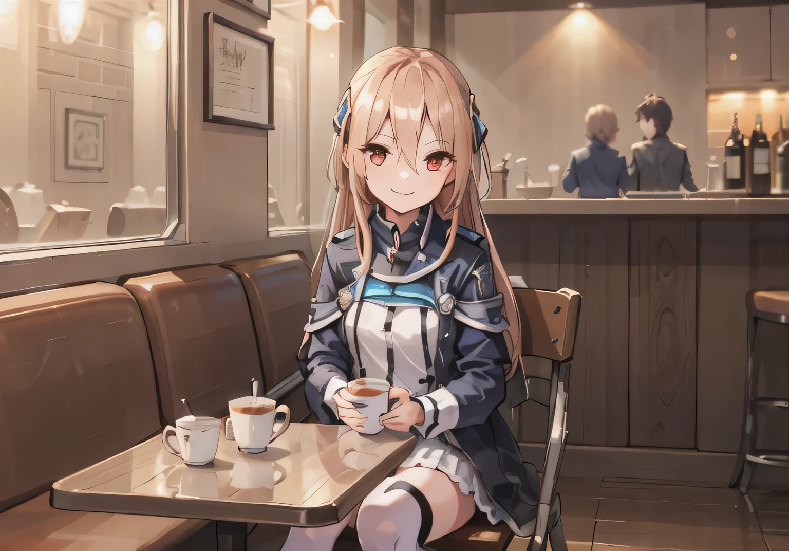 masterpiece,highest quality,1 girl, alone, Cafe, sitting, Hold Cup, muffin, Cafe Table, white legwear, night, light, smile, think back, Depth of the bounds written, hair ornaments, indoors, yuina, red eyes,
