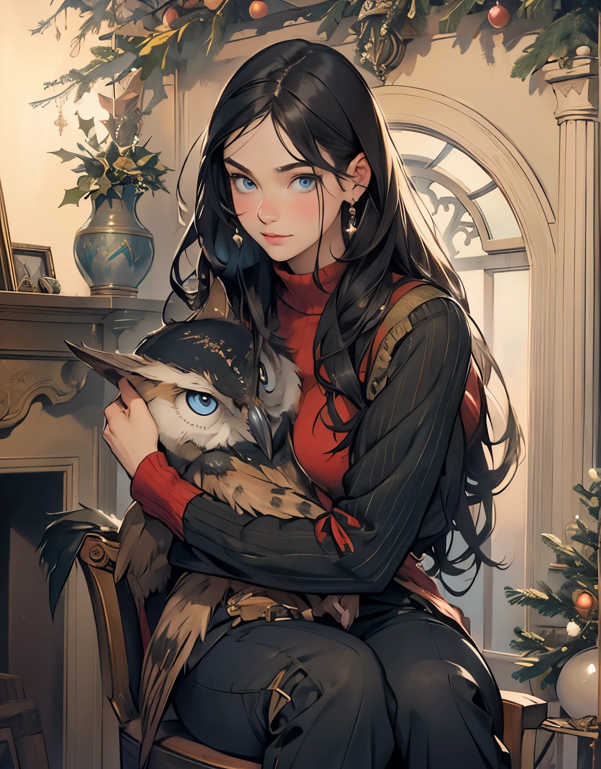 realism, picture, Fantastic tale, Christmas style, John Tolkien style, Small painting by Jean-Baptiste Monge, Rocker owl hugs rocker swallow, soft facial features, sitting in a chair with flowing black hair , Straight hair , near the Christmas tree, soft facial features, Wearing trousers, Wearing a sweater, With light makeup, dark pink lips, lip shape"pearl" ,"curved eyebrows in the shape of Engriberts, Blue eyes, heavy-lidded eye shape, human hand, Human hand, very clear without flaws with five fingers,Черные длинные Straight hair ,, In a short red sweater, in black trousers,mischievous character, a fireplace, Christmas tree, present, Jean-Baptiste Monge, anthropomorphic --ar 2:3 --testp - optimistic; Straight hair
