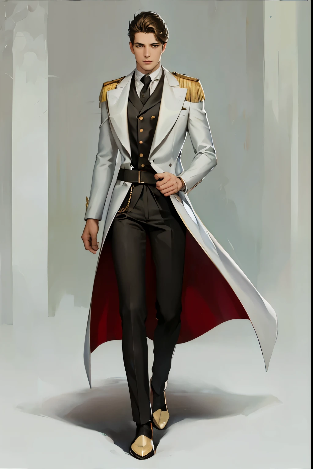 reference sheet: 1.8, great details, high quality, masterful work, Tall Boy, Beautiful face, Long white pants, art, (masterpiece, A high resolution, high quality: 1.2), complex parts, cinematic lighting, clear focus, depth of field, White pants, military brooch, blue suit, blue suit, background