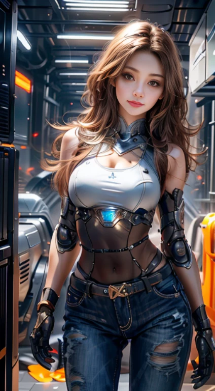 Virtual image,Realistic picture 8k,Top quality,Masterpiece,perfect anatomy,dynamic elements,evening light,Young woman with long brown hair,cyberpunk robot,Short jeans body - white tank top,Turning, legs spread, smiling staring at me. Behind the scenes of the armored warehouse