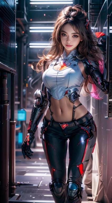 Virtual image,Realistic picture 8k,Top quality,Masterpiece,perfect anatomy,dynamic elements,evening light,Young woman with long brown hair,cyberpunk robot,Short jeans body - white tank top,Turning, legs spread, smiling staring at me. Behind the scenes of the armored warehouse