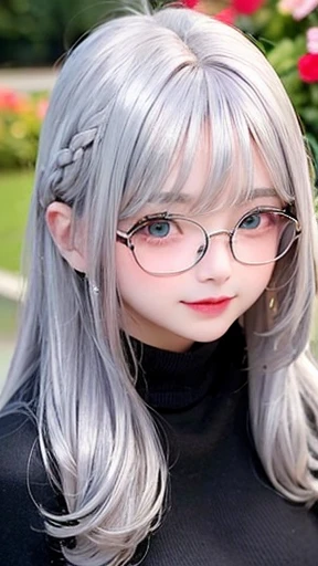幼いgirl、small face、 (alone:1.5,)Super detailed,明るいcolor, very beautiful detailed anime face and eyes, look straight,eye shadow、  shiny_skin,girl, (((虹colorの髪,, 半分の髪の毛は紫color、Half silver hair: 1.5))), 、shiny hair, delicate beautiful face, blush、Glasses、(turquoise eyes), , Valletta, red earrings,、black turtleneck、flower garden、Sitting among flowers、smile、happy face、face dyed red、color々pose、Head to toe full body portrait、Upper body
