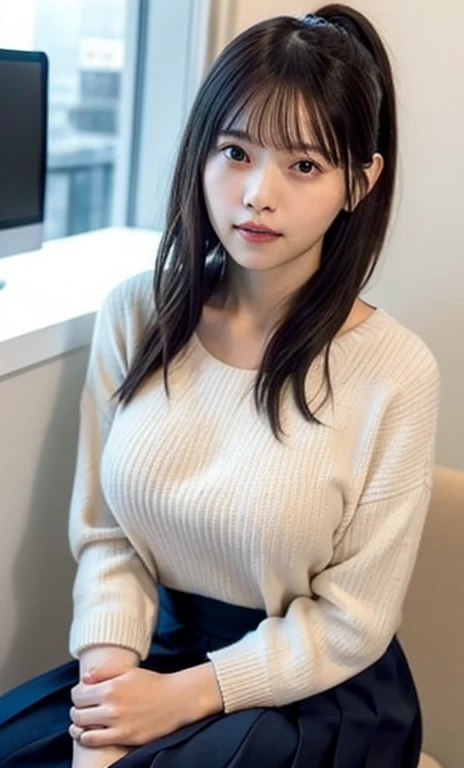 masterpiece、highest quality、16K、soft light、professional lighting、Pale shading、Weak contrast、Japanese、beautiful girl、daytime office、Window seat、sitting in front of the computer、White tight cashmere sweater、navy pleated skirt、smooth and beautiful thighs、(big breasts:1.3)、Faint cleavage、fine and beautiful eyes、cute hanging eyes、gentle smile、(Thin, straight, long hair、high ponytail),(The bangs are see-through bangs)、