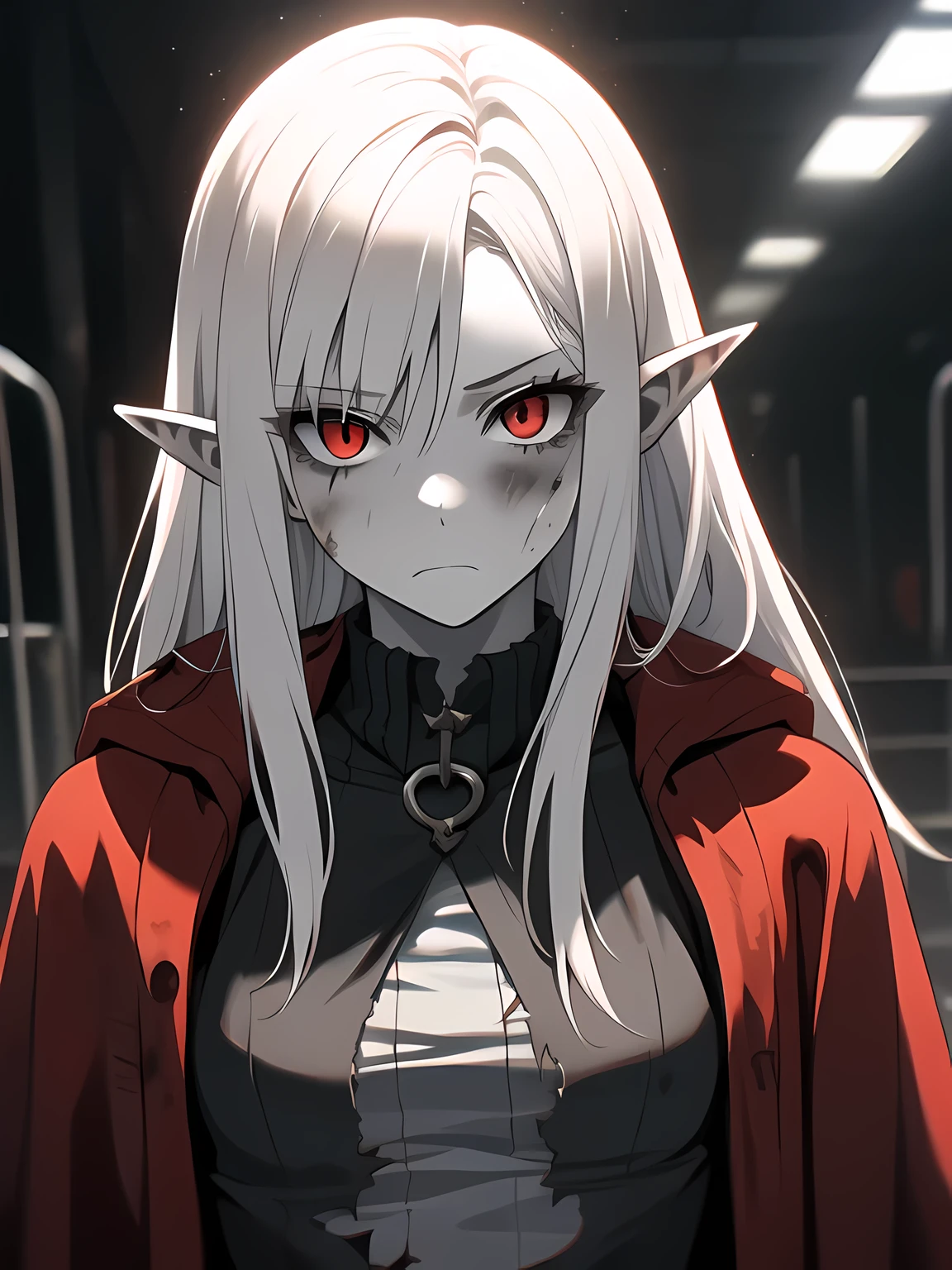 Masterpiece, best quality, 8k, dramatic lighting, 1girl, (((colorless skin, white skin))), white hair, solo, (long hair, straight hair), expressive eyes, intense expression, crazy eyes, red eyes, snake eyes, pointed ears, ((red eyeliner)) , hooked nose, looking at viewer, red hair streaks, dark background, upper body, small breasts, albino,(mature female, eye wrinkles), ((ragged clothes , torn clothes, dark gray clothes, wearing rags)), ((dirty clothes)), exceptionally skinny, too thin, b0n3w3ar, wearing bones,, ((rib cage vest)), red cloak