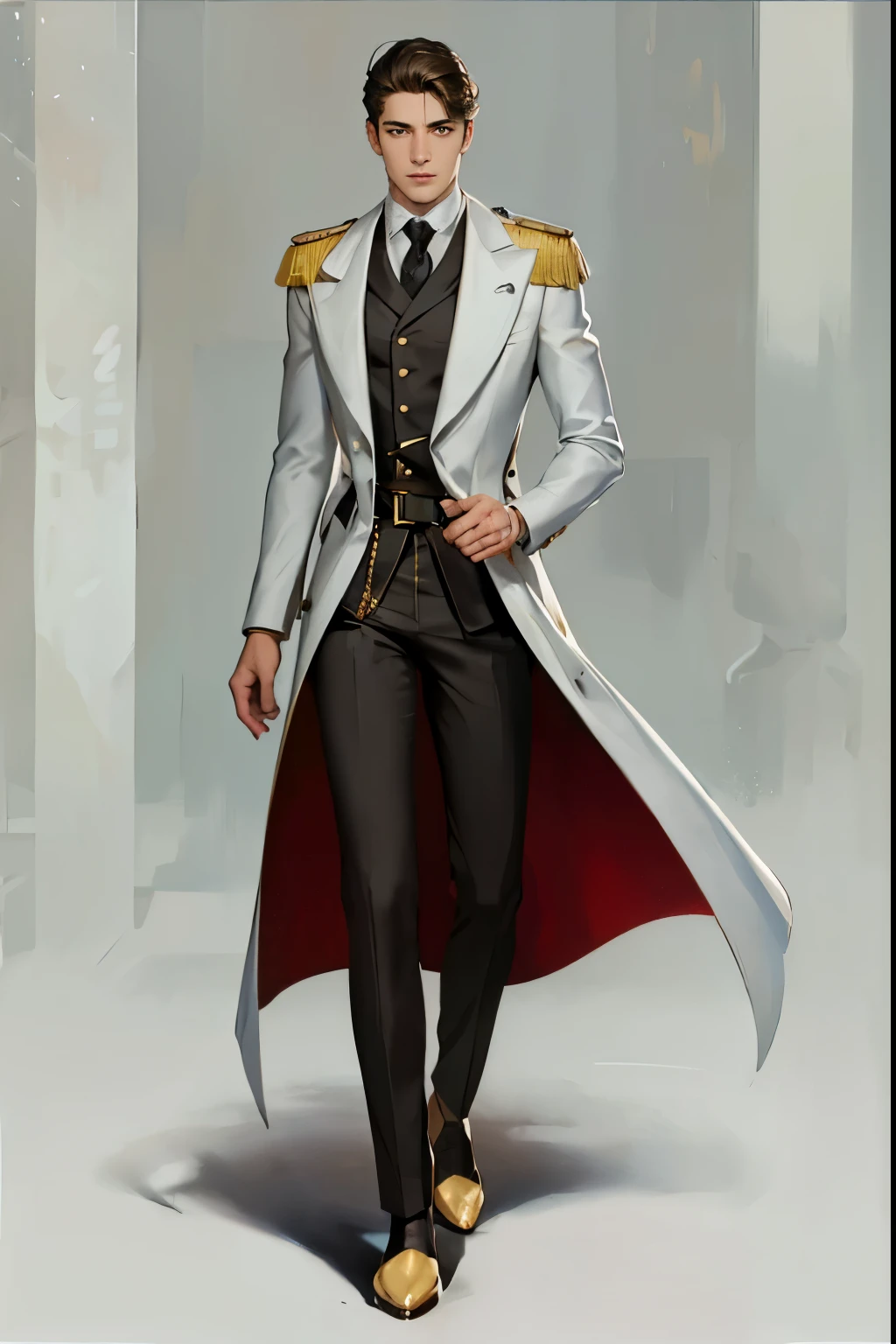 reference sheet: 1.8, great details, high quality, masterful work, Tall Boy, Beautiful face, Long white pants, art, (masterpiece, A high resolution, high quality: 1.2), complex parts, cinematic lighting, clear focus, depth of field, White pants, military brooch, blue suit, blue suit, background