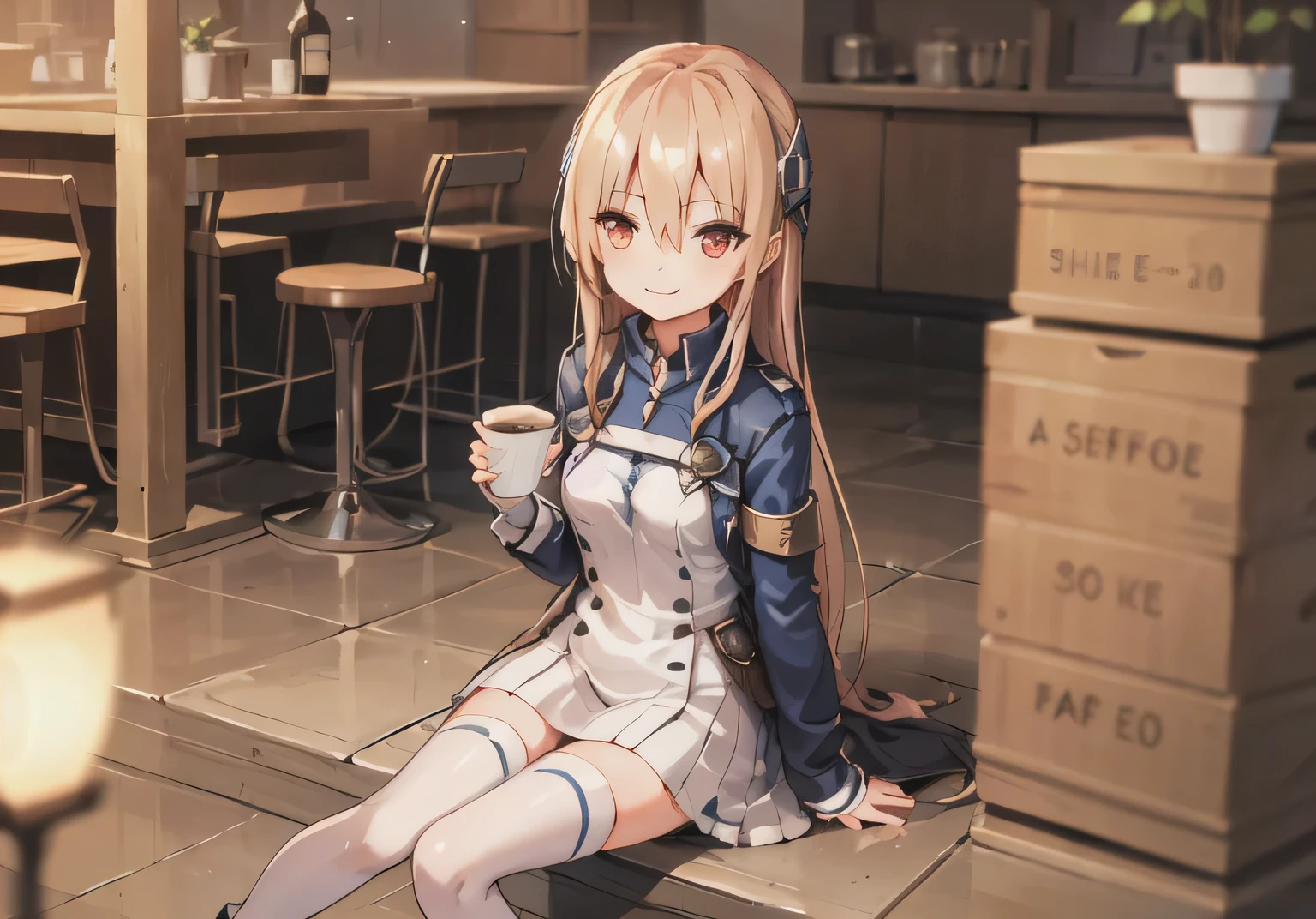 masterpiece,highest quality,1 girl, alone, Cafe,  sitting, Hold Cup, muffin, Cafe Table, white legwear, night, light, smile, think back, Depth of the bounds written, hair ornaments, indoors, yuina, red eyes, 