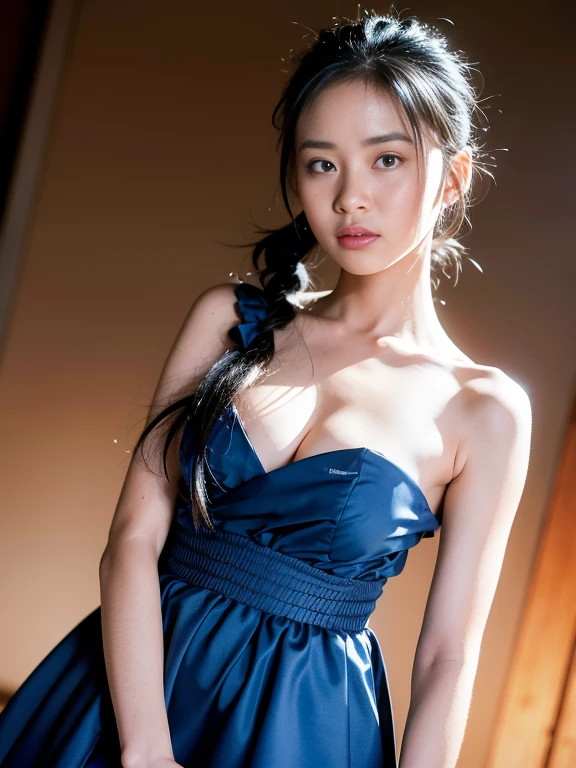 close up face,standing on stage,Blue colored long dress with lots of ruffles,One woman,masutepiece, The highest image quality, High quality, the background is clear,Beautiful woman, Japanese, Detailed, Detailed eyes, Detailed skin, Beautiful skin, 超hight resolution, (reality: 1.4),Very beautiful woman, Slightly younger face, Beautiful skin, slender, (Ultra photo realsisim), (hight resolution), (8K), (Very detailed) (beautifully detailed eyes), (super detailed), (Detailed face), view the viewer, Fine details, Detailed face, Staring straight ahead, Staring straight ahead, photos realistic, Bright lighting, Professional Lighting, Black hair,poneyTail,a baby face,fifteen years old,Hairstyle is ponytail,long ponytail hairstyle,slight smile,neat and tidy clothing,Beautiful Japanese KPOP idol photo, hair style is ponytail, my eyes are double and wide, baby face, smile and look straight ahead, slender, small breasts,Blue ribbon on head,