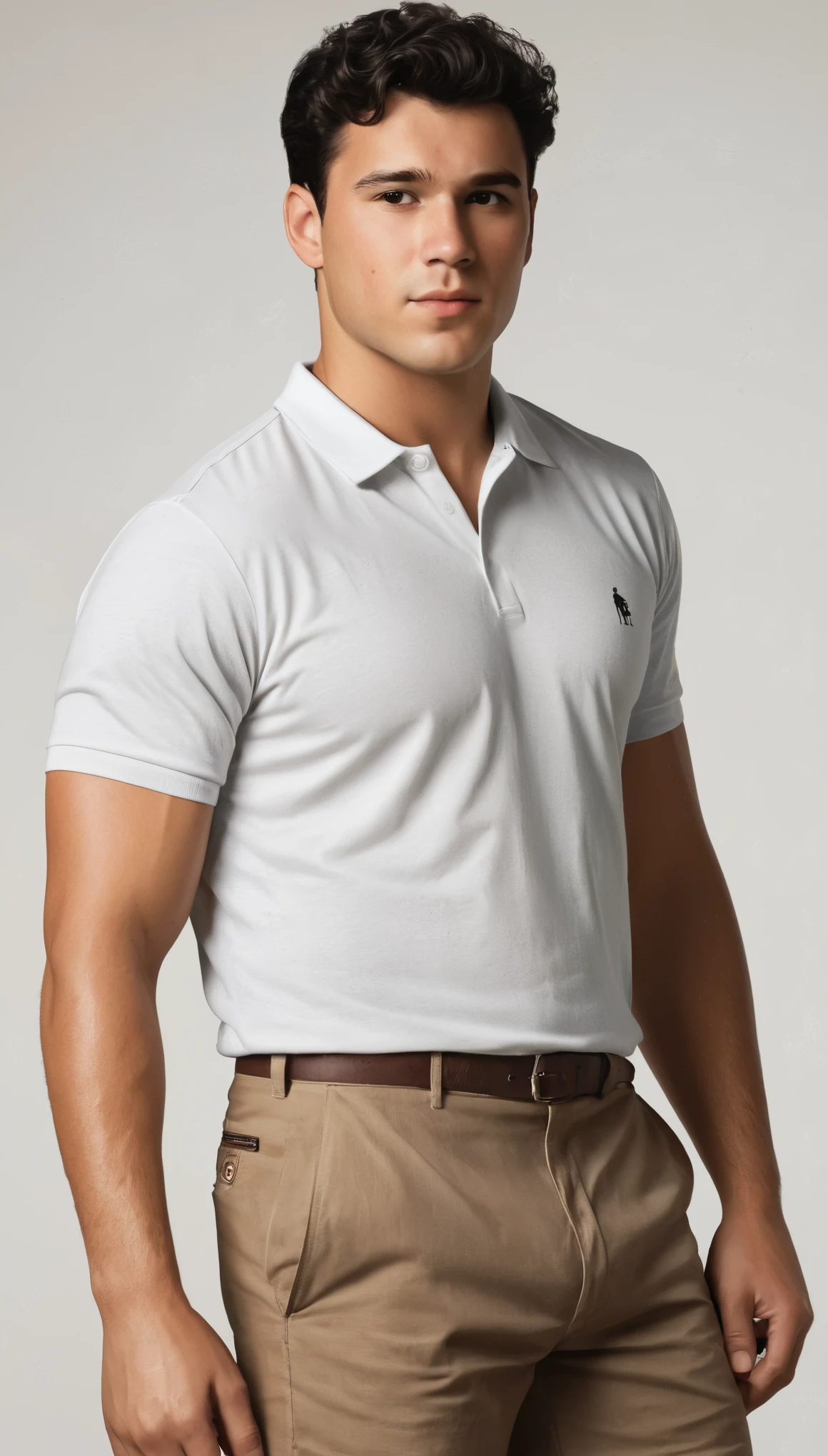 An illustrated movie poster, hand-drawn, full color, a man, 28 years-old, wearing a polo shirt and chino shorts, resembles Gavin Leatherwood, sun-tanned skin, stocky physique, soft belly, slightly chubby, deep brown eyes, wide bulbous nose, black hair, curly hair, thick bushy eyebrows, extremely hairy chest, stomach, and arms, lots of body hair, posing on a pedestal, hard shadows, graphite shading, stencil markings, airbrushed acrylic paint, masterpiece