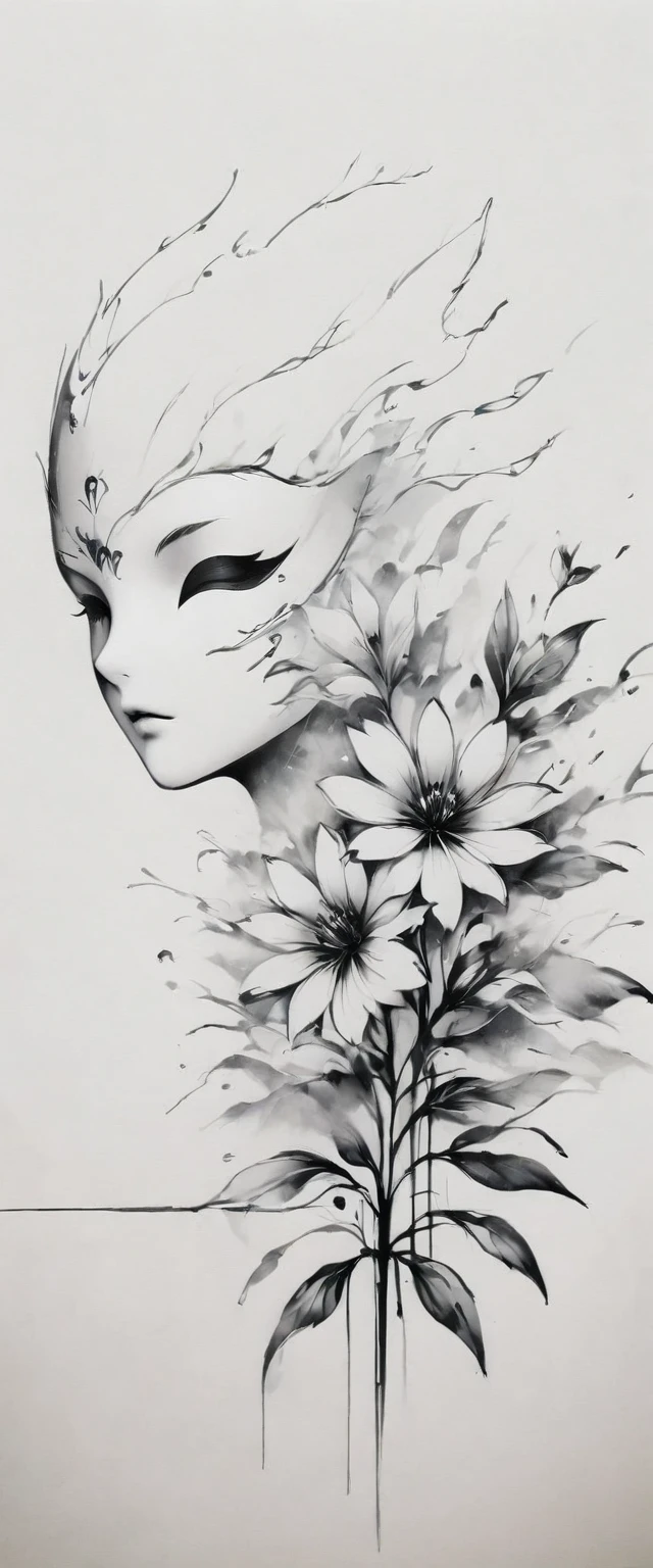 (Anime line drawing:1.5)，(black and white painting:1.45)，Minimalism，(line art:1.6)，sketch，Charcoal drawing，mask，flower,Illustration in surreal art style，surreal dream，Dubrec style,(multiple exposure：1.8),