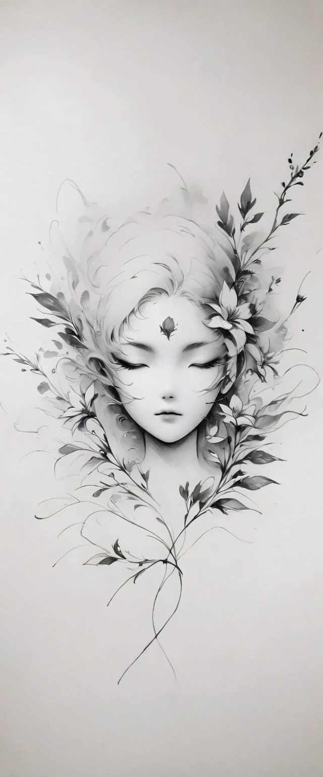 (Anime line drawing:1.5)，(black and white painting:1.45)，Minimalism，(line art:1.6)，sketch，Charcoal drawing，mask，flower,Illustration in surreal art style，surreal dream，Dubrec style,(multiple exposure：1.8),