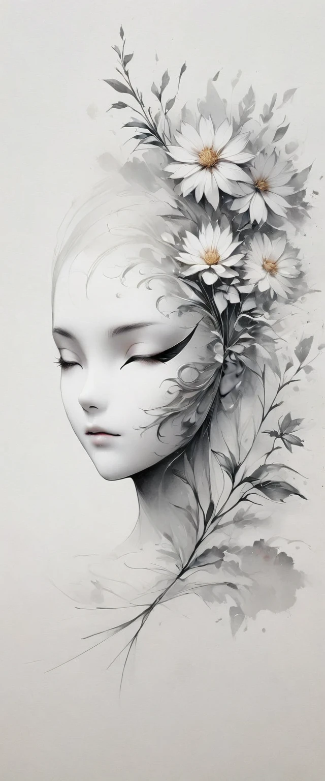 (Anime line drawing:1.5)，(black and white painting:1.45)，Minimalism，(line art:1.6)，sketch，Charcoal drawing，mask，flower,Illustration in surreal art style，surreal dream，Dubrec style,(multiple exposure：1.8),