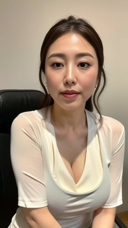 ((photograph))、本物のphotograph、((highest quality)),((High definition 8K )), ((highest quality))、Woman with eyes closed、48 years old、brown medium hair,((sweaty skin))((sweaty skin)), big breasts、white blouse、very good、inside the office、