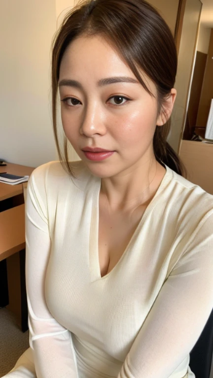 ((photograph))、本物のphotograph、((highest quality)),((High definition 8K )), ((highest quality))、Woman with eyes closed、48 years old、brown medium hair,((sweaty skin))((sweaty skin)), big breasts、white blouse、very good、inside the office、