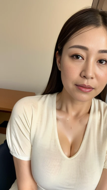 ((photograph))、本物のphotograph、((highest quality)),((High definition 8K )), ((highest quality))、Woman with eyes closed、48 years old、brown medium hair,((sweaty skin))((sweaty skin)), big breasts、white blouse、very good、inside the office、