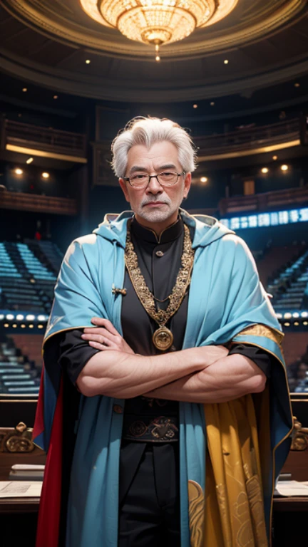 (highest quality, masterpiece), (ultra-detailed color, surreal), 70-year-old British male astrologer Dr.. Luo Fei, Second House of the Zodiac Totem, Constellation Palace, observatory, Professor of Chinese History and Philosophy, Men&#39;s light blue chromatic cloak, big bump, stubble, Hairy thighs, HDR, stage lighting, art station trends, CG News Trends, professional photography.