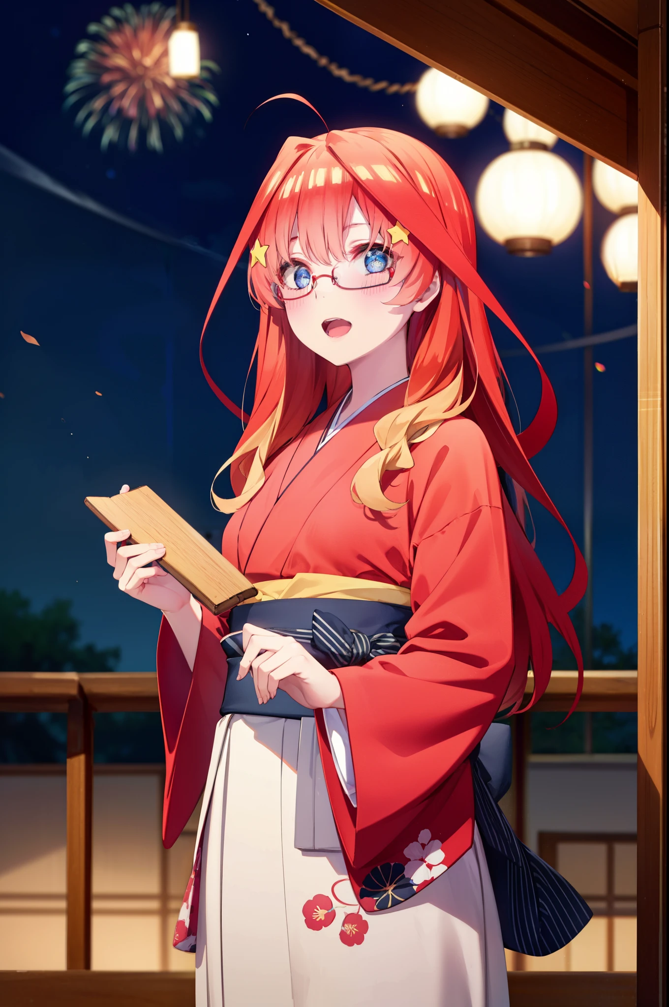 itsukinakano, itsuki nakano, bangs, blue eyes, hair between eyes, Ahoge, redhead, star \(symbol\), hair ornaments, star hair ornaments,Akagi glasses,smile,blush,happy atmosphere,open your mouth,long hair,tie your hair back,Red gorgeous kimono,night空のfirework,firework,Zori sandals,japanese festival,summer festival stalls,red lantern,night,イラストにwhole bodyが入るように, night
break outdoors, shrine, break looking at viewer,whole body,(cowboy shot:1.5),
break (masterpiece:1.2), highest quality, High resolution, unity 8k wallpaper, (shape:0.8), (fine and beautiful eyes:1.6), highly detailed face, perfect lighting, Very detailed CG, (perfect hands, perfect anatomy),