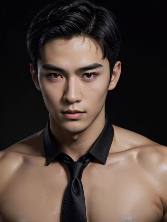 black hair, hairstyle showing forehead, black waterpolo swimwear、naked、whole body、tie, black background, realistic asian handsome face, natural muscles, beardless face, masterpiece, A high resolution, hyperrealism, detailed face, solo, a men, glowing skin, (Asian), (young, teenager ,  ), Handsome, detailed background, Handsome