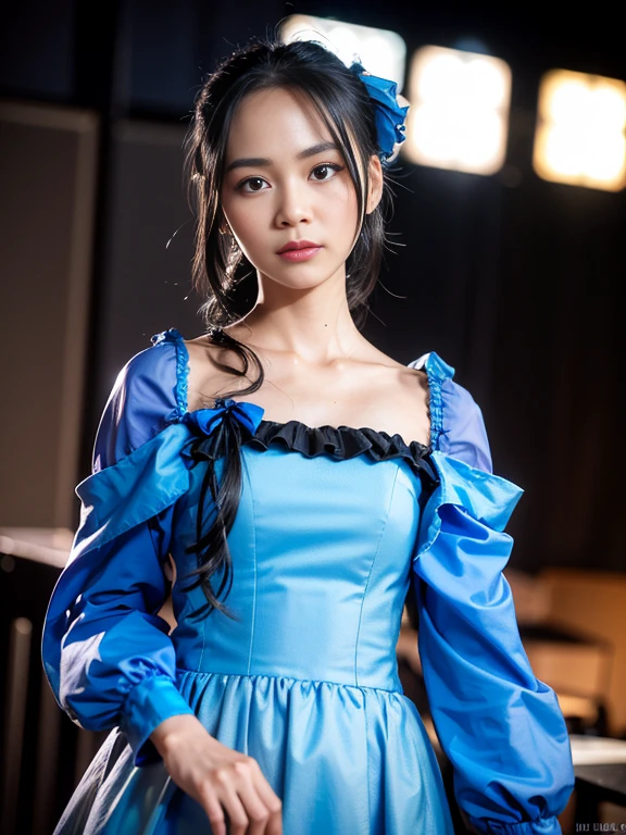 close up face,standing on stage,Blue colored long dress with lots of ruffles,One woman,masutepiece, The highest image quality, High quality, the background is clear,Beautiful woman, Japanese, Detailed, Detailed eyes, Detailed skin, Beautiful skin, 超hight resolution, (reality: 1.4),Very beautiful woman, Slightly younger face, Beautiful skin, slender, (Ultra photo realsisim), (hight resolution), (8K), (Very detailed) (beautifully detailed eyes), (super detailed), (Detailed face), view the viewer, Fine details, Detailed face, Staring straight ahead, Staring straight ahead, photos realistic, Bright lighting, Professional Lighting, Black hair,poneyTail,a ,fifteen ye is ponytail,long ponytail hairstyle,slight smile,neat and tidy clothing,Beautiful Japanese KPOP idol photo, hair style is ponytail, my eyes are double and wide, baby face, smile and look ahead, slender, small breasts,Blue ribbon on head,