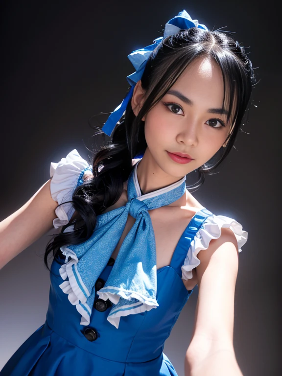 close up face,standing on stage,Blue colored long dress with lots of ruffles,One woman,masutepiece, The highest image quality, High quality, the background is clear,Beautiful woman, Japanese, Detailed, Detailed eyes, Detailed skin, Beautiful skin, 超hight resolution, (reality: 1.4),Very beautiful woman, Slightly younger face, Beautiful skin, slender, (Ultra photo realsisim), (hight resolution), (8K), (Very detailed) (beautifully detailed eyes), (super detailed), (Detailed face), view the viewer, Fine details, Detailed face, Staring straight ahead, Staring straight ahead, photos realistic, Bright lighting, Professional Lighting, Black hair,poneyTail,a baby face,fifteen years old,Hairstyle is ponytail,long ponytail hairstyle,slight smile,neat and tidy clothing,Beautiful Japanese KPOP idol photo, hair style is ponytail, my eyes are double and wide, baby face, smile and look straight ahead, slender, small breasts,Blue ribbon on head,