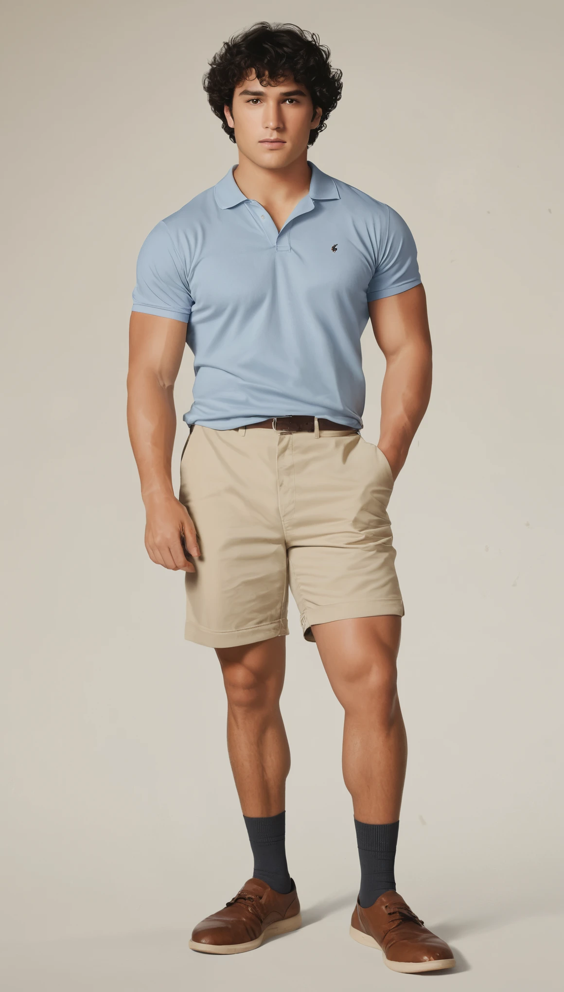 An illustrated movie poster, hand-drawn, full color, a man, 28 years-old, wearing a polo shirt and chino shorts, resembles Gavin Leatherwood, sun-tanned skin, stocky physique, soft belly, slightly chubby, deep brown eyes, wide bulbous nose, black hair, curly hair, thick bushy eyebrows, extremely hairy chest, stomach, and arms, lots of body hair, posing on a pedestal, hard shadows, graphite shading, stencil markings, airbrushed acrylic paint, masterpiece