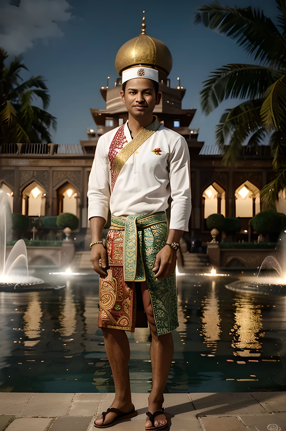 A realistic photo of a slim 30-year-old Indonesian man wearing a white hat, unique green batik with embroidery, and a uniquely patterned sarong with gold thread embroidery, along with brown sandals, standing in front of a majestic mosque with a giant fountain pool. The text 'SELAMAT IDUL FITRI' is displayed clearly in very large, bold red cement letters in the middle of the fountain pool. He is smiling at the camera with hands pressed together in front of his chest. It is a night scene with garden lights illuminating the area around the mosque. The image should be highly detailed, sharp, high resolution, 16:9 aspect ratio, 10k.
