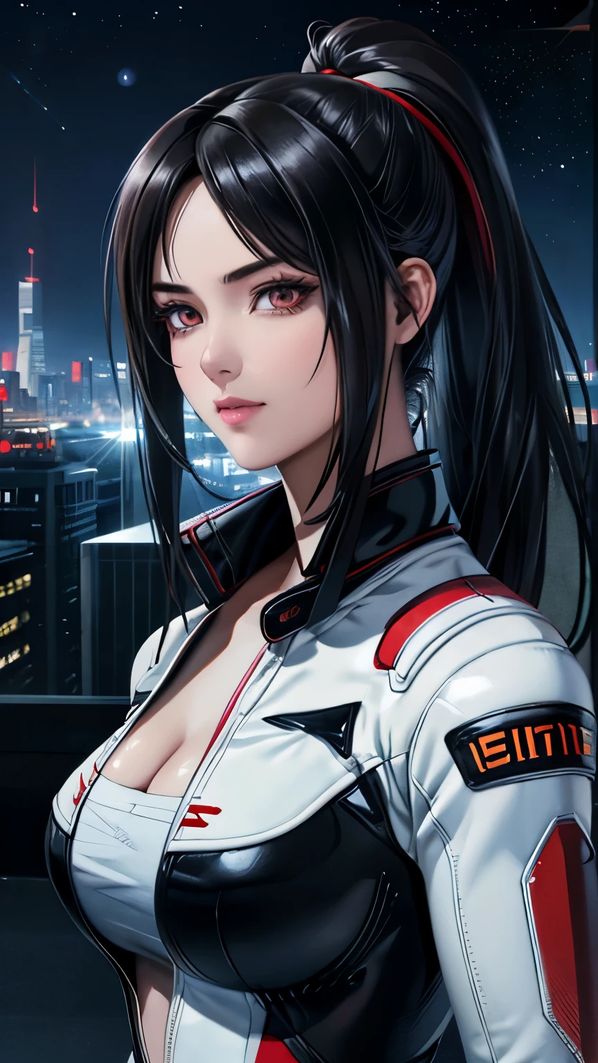 red eyes, (highest quality, masterpiece painting:1.3), immature woman, , (half body shot), masterpiece, ultra high resolution, (Photoreal:1.0), black hair, ponytail, straight hair, beautiful shining hair, white and shining skin, ((Ultra realistic details)), octane rendering, highly detailed face, (big breasts:0.8), complete pilotsuit, adjusted pilotsuit, (red pilotsuit),cleavage, perfect body, soft skin, anime face, perfect face, perfect eyes, looking at the viewer, smart, deep in the night, Moon Night, The rooftop of a building overlooking the city, Night sky with the moon shining, photon mapping, Radio City, ((fantastic night)), ((outdoors)), sharp focus, intricate details, professional artwork, (bright colors:1.1), bright colors, diffused lighting, digital blending, ultra-definition body, ultra detail hair, super detailed face, that&#39;It&#39;s trending on pixiv, top button open, Cute gaze, compensate, perfect lips, perfect compensate, Ultra-precision coating,  (glare :1.0)