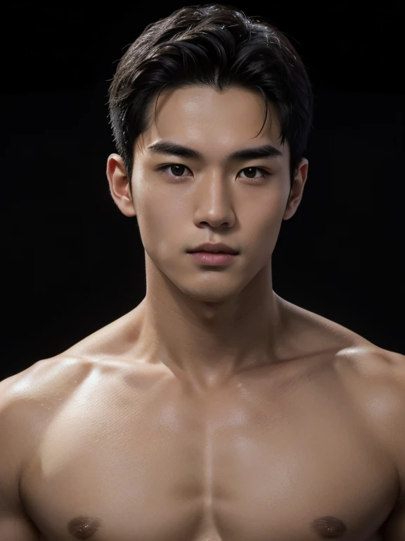 black hair, hairstyle showing forehead, black waterpolo swimwear、naked、whole body、black background, realistic asian handsome face, natural muscles, beardless face, masterpiece, A high resolution, hyperrealism, detailed face, solo, a men, glowing skin, (Asian), (young, teenager , student ), Handsome, detailed background, Handsome