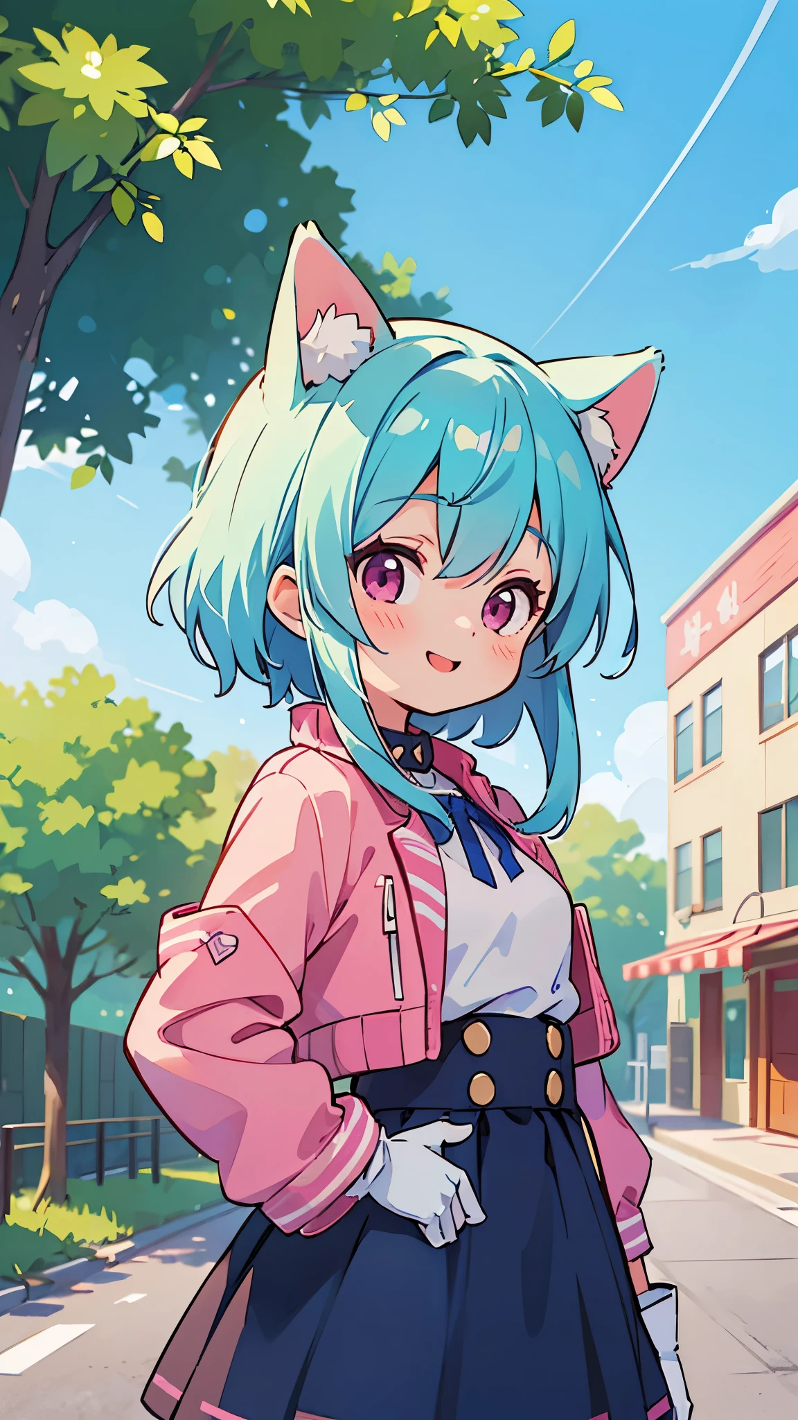 (highest quality、Extra fine、genuine)、Genki girl、anime high school girl、small breasts、riders jacket、light blue hair、dog ears、pink eyes、Look off the screen、From the side、gloves、bright smile、Standing in front of a street tree、upper body close-up、Blue sky park、sharp outline