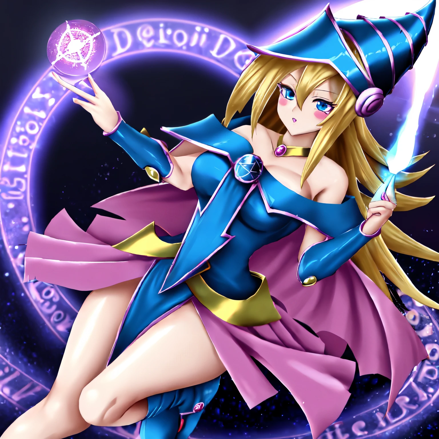 ((dark magician girl)) long blonde hair, blue eyes,blush sticker, nail polish, wizard&#39;s hat, ((Yu-Gi-Oh! style)), bare shoulders.
(long distance ) Upper body standing figure Wizard race, duel monster
((Large hexagram magic circle))
surreal, 8k uh, high quality
