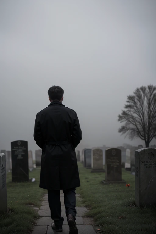 A man went to the grave wearing a black coat and umbrella in a foggy and sad atmosphere and stood with his back to the camera