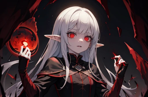An little Elf girl with morbid pale skin, Dark-elf, Eerily glowing red eyes, Scared wrists, Bloody face, Bloody hands, Bloody black robe, Insanity smile, She is holding a blood-dripping dagger, Dark atmosphere, Insanity atmosphere, Bleed, Cruel vengeance, She is taking pleasure to kill human