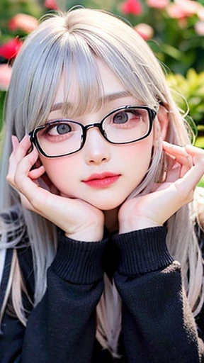 幼いgirl、small face、 (alone:1.5,)Super detailed,明るいcolor, very beautiful detailed anime face and eyes, look straight,eye shadow、 shiny_skin,girl, (((虹colorの髪,, 半分の髪の毛は紫color、Half silver hair: 1.5))), 、shiny hair, delicate beautiful face, blush、Glasses、(turquoise eyes), , Valletta, red earrings,、black turtleneck、flower garden、Sitting among flowers、smile、happy face、face dyed red、color々pose、Head to toe full body portrait、Upper body、Glassesに手を添える、Ring on left hand