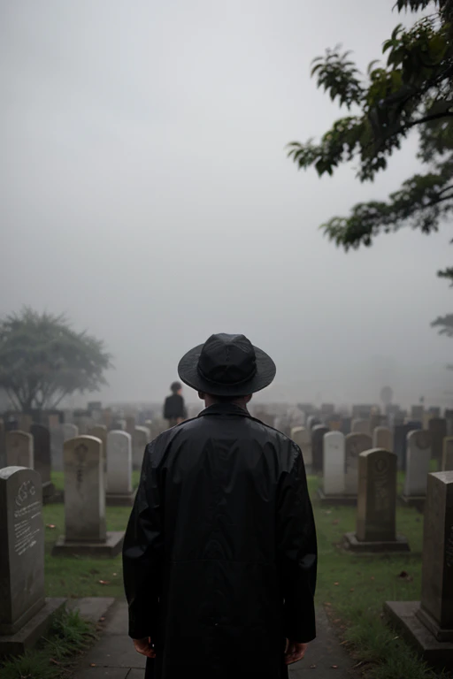 A man went to the grave wearing a black coat and umbrella in a foggy and sad atmosphere and stood with his back to the camera, indonesia 