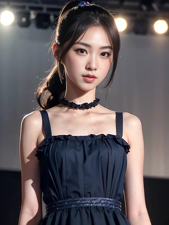 close up face,standing on stage,Blue colored long dress with lots of ruffles,One woman,masutepiece, The highest image quality, High quality, the background is clear,Beautiful woman, Japanese, Detailed, Detailed eyes, Detailed skin, Beautiful skin, 超hight resolution, (reality: 1.4),Very beautiful woman, Slightly younger face, Beautiful skin, slender, (Ultra photo realsisim), (hight resolution), (8K), (Very detailed) (beautifully detailed eyes), (super detailed), (Detailed face), view the viewer, Fine details, Detailed face, Staring straight ahead, Staring straight ahead, photos realistic, Bright lighting, Professional Lighting, Black hair,poneyTail,a baby face,fifteen years old,Hairstyle is ponytail,long ponytail hairstyle,slight smile,neat and tidy clothing,Beautiful Japanese KPOP idol photo, hair style is ponytail, my eyes are double and wide, baby face, smile and look straight ahead, slender, small breasts,Blue ribbon on head,