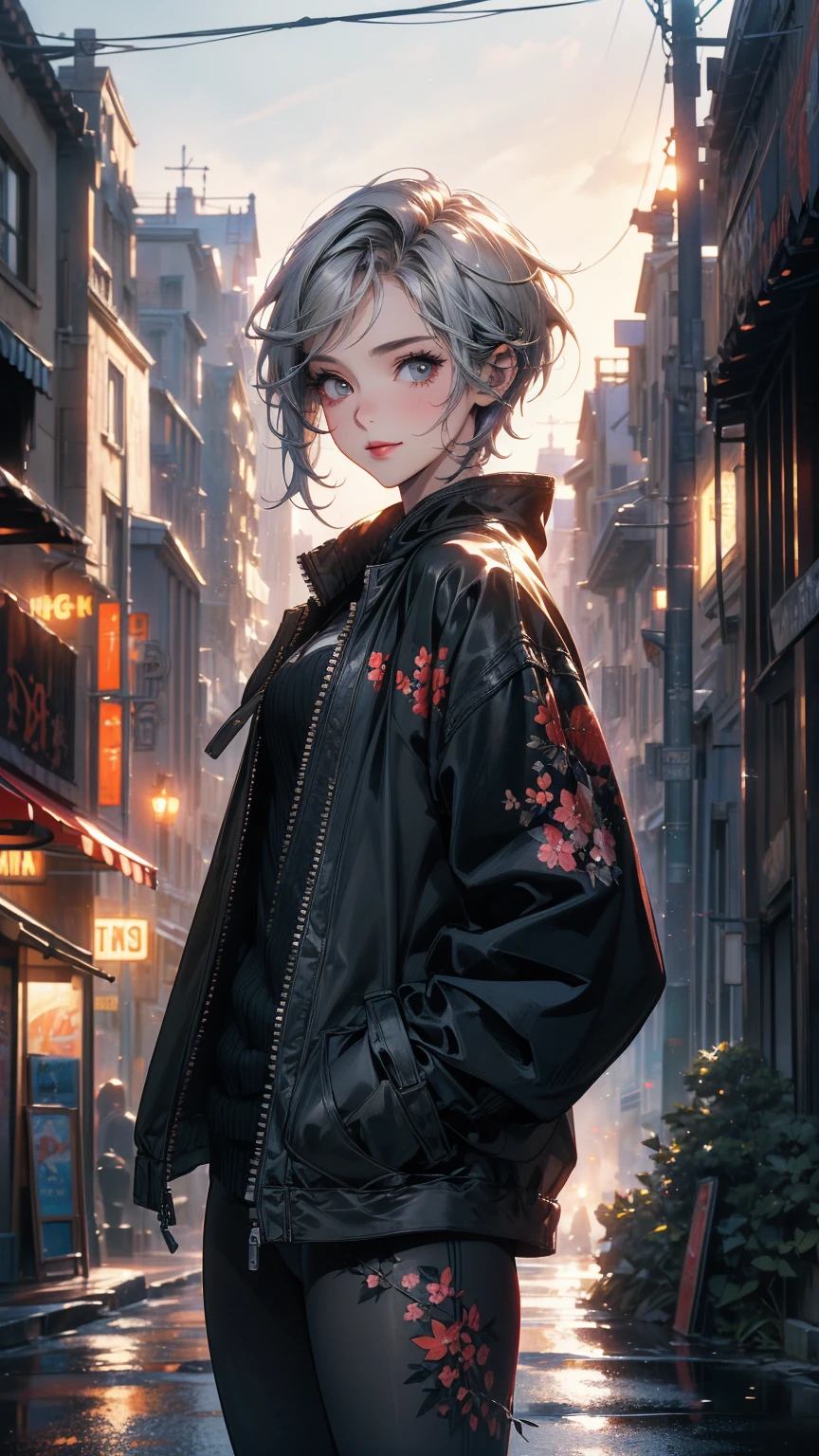 (Highly detailed CG unit 8k wallpaper, masterpiece, High resolution, highest quality, natural skin texture), Composition from head to stomach:1.5, (20 year old woman, Hands in pockets pose:1.5, smile, detailed eyes, gradient eyes), (grunge fashion, Coordination of a blouson and a long parka, leggings, Asymmetrical punk short hair:1.2, ash gray hair), (Backstreets of Paris:1.3, Colourful flower beds along the road, cinematic lighting), anime style, digital painting, concept art,