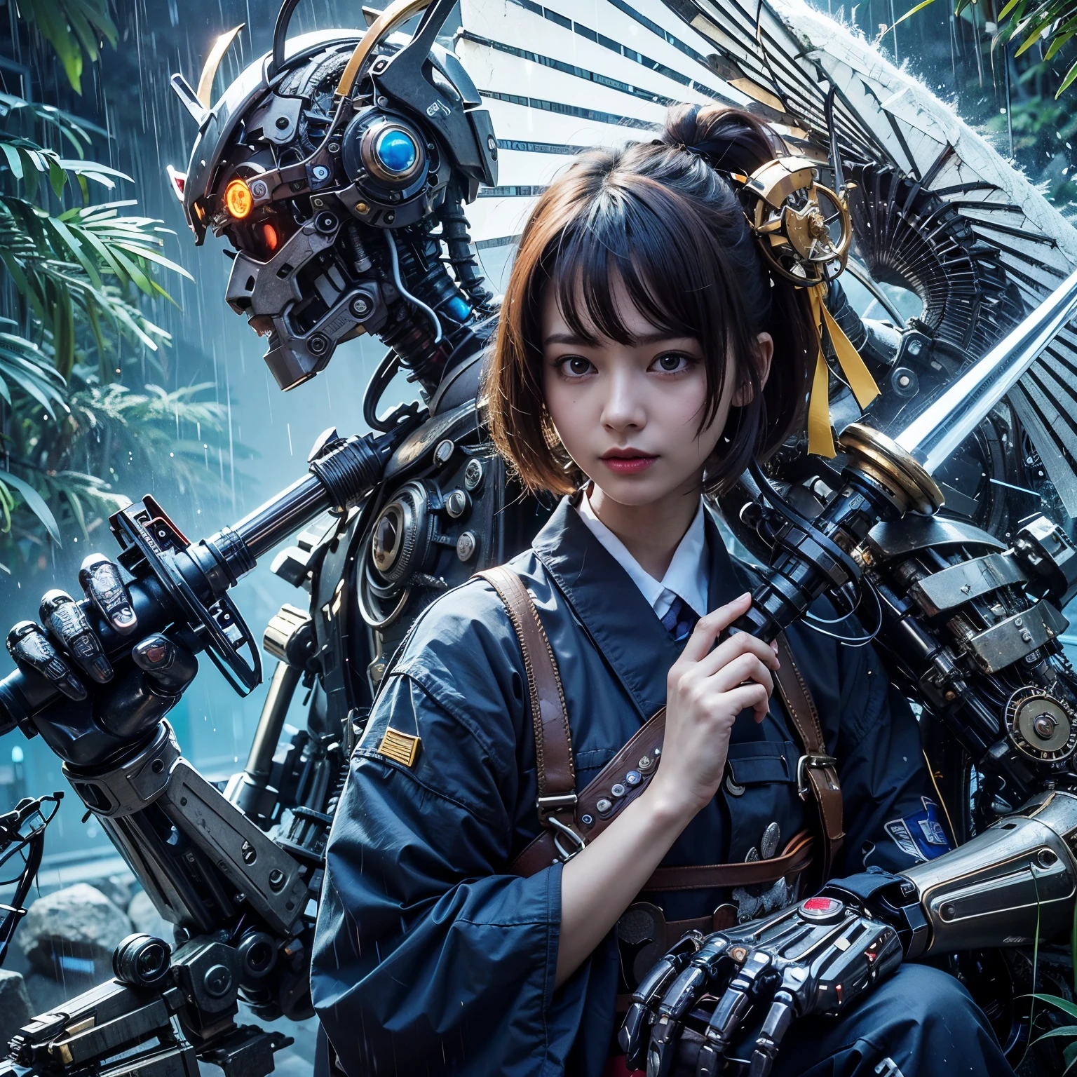 (top-quality:1.2, masterpiece)、ultra high resolution、extremely ultra surrealism, (Photorealsitic:1.4)、Raw photo、(Steampunk Battle Cyborg fallen angel)、large wings made of metal、black porcelain body、red hair、glowy skin、1 Cyborg girl、(mechanical frame:1.3)japanese, extremely cute face, ((super realistic details))、portrait、globalillumination、Shadow、octan render、8K、ultrasharp、character edge light、Details of complex ornaments、Acrylic Clear Cover、Sumerian details、Hydraulic cylinder、Small LED lamp、highly intricate detail、Realistic light、a purple eye、radiant eyes、Facing the camera、neon details、cowboy shot、Futuristic headgear、About Cyberpunk